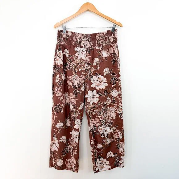 Anthropologie Linen Barrel Leg Floral Reese Smocked Pull On Pants Size Large - Picture 4 of 10